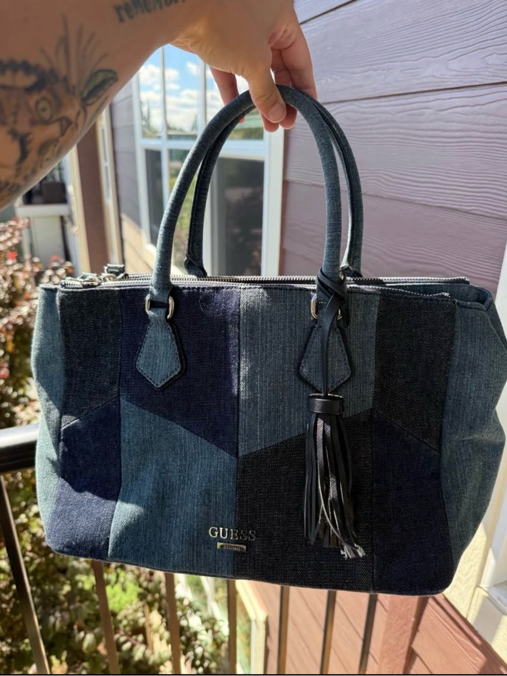 GUESS Patchwork Denim Satchel in Dark and Medium Blue